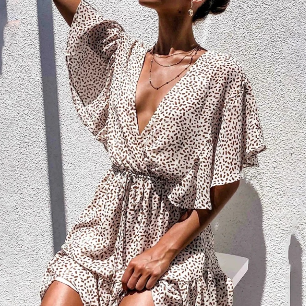 Flowy sleeves tan cream ruffles boho dress